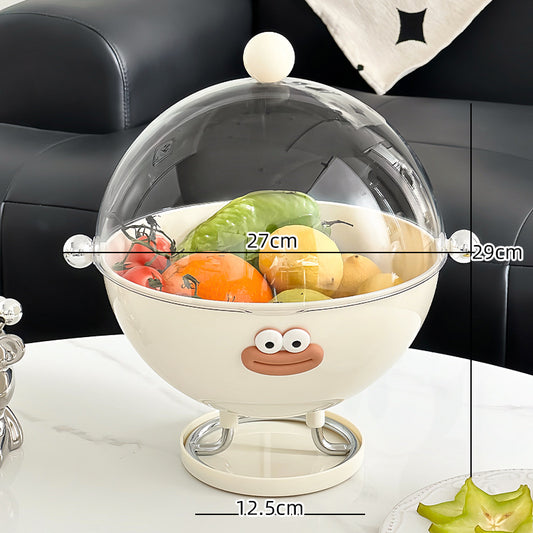 Beige Whimsical Covered Fruit Bowl with Flip Lid & Drainer - Cute Design Snack & Candy Dish for Living Room