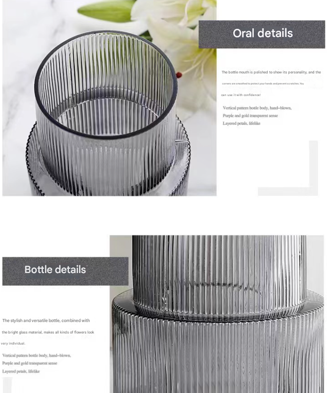 Grey Modern Two-Tier Ribbed Glass Vase - Elegant Cylindrical Flower Centrepiece for Home Decor
