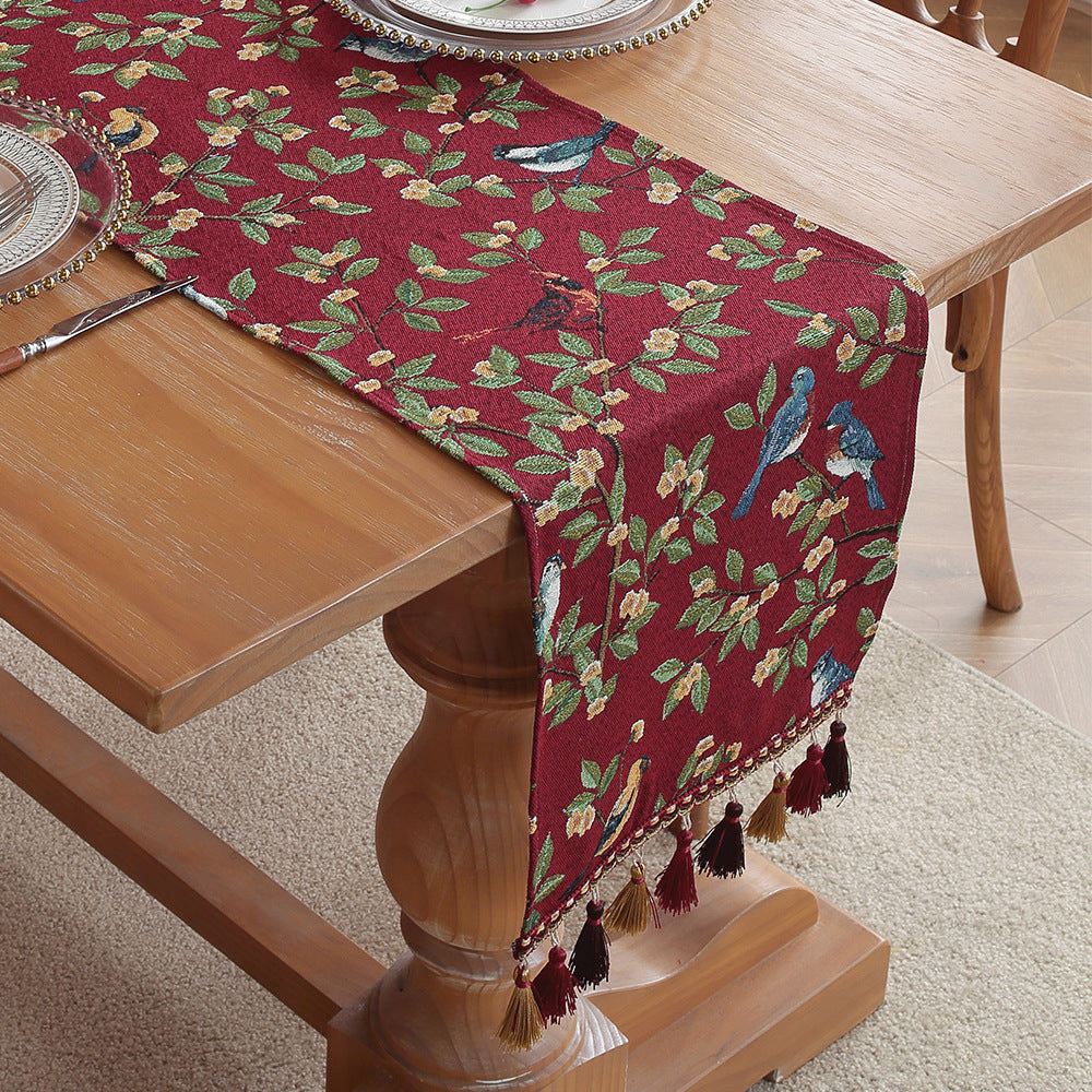 Red Magpie American Retro Jacquard Embroidered Table Runner - Light Luxury Table Mat 30cm x 180cm with Tassels