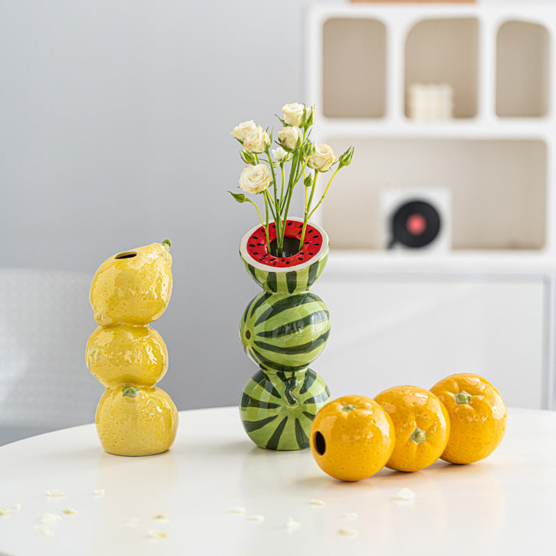 Lemon Whimsical Stacked Fruit Ceramic Vase - Nordic Style Flower Holder for Modern Home Decor