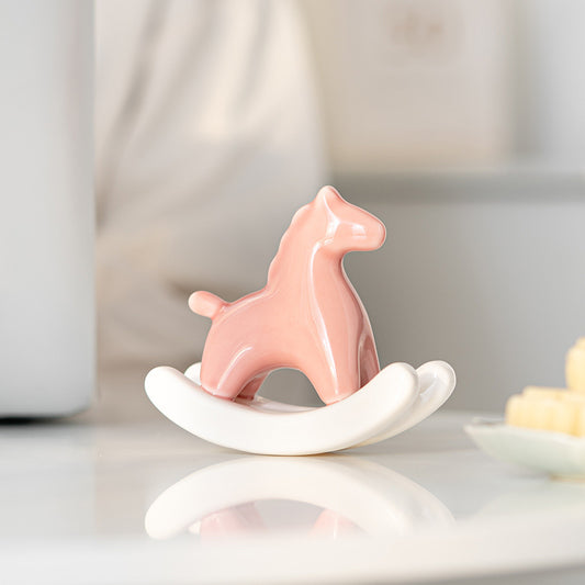 Pink Modern Ceramic Rocking Horse Ornament - Cute Porcelain Figurine for Desk & Shelf Decor