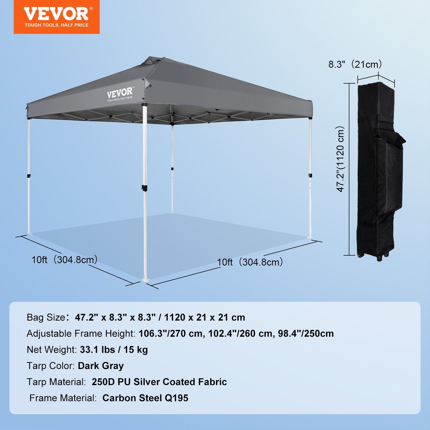 VEVOR Pop Up Canopy Tent, 10 x 10 ft, 250 D PU Silver Coated Tarp, with Portable Roller Bag and 4 Sandbags, Waterproof and Sun Shelter Gazebo for Outdoor Party, Camping, Commercial Events, Dark Gray