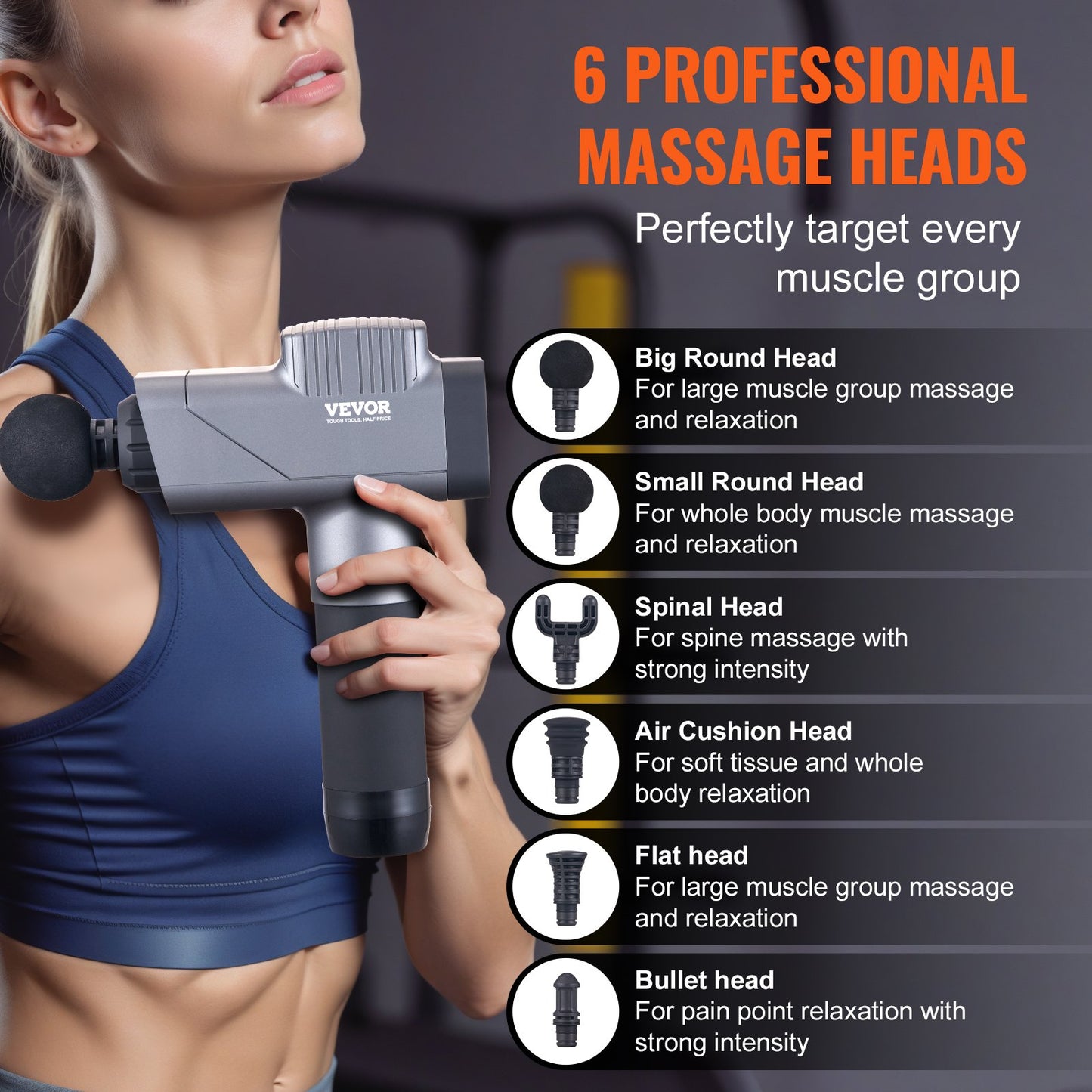 VEVOR Massage Gun Deep Tissue, Percussion Muscle Massager for Athletes - with 8 Speed Levels & 6 Massage Heads, 16V 2500mAh Batteries, Handheld Electric Massage Gun for Pain Relief, Muscle Relaxation