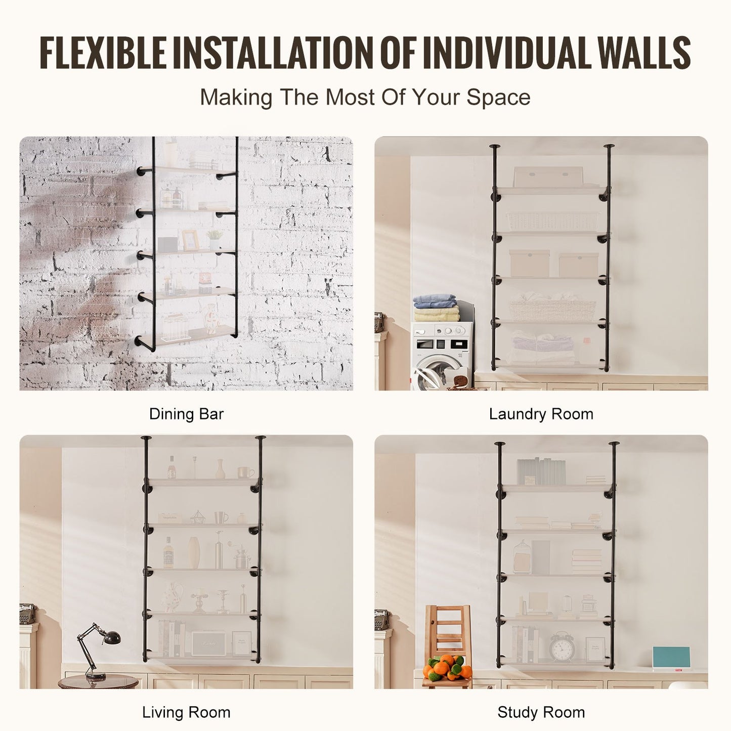 VEVOR Industrial Pipe Shelf, 5 Tier 2PCS, 9.84in Applicable Board Width Wall-Mount Floating Rustic Wood Shelves Bracket Bookshelf,Storage Holder for Kitchen Bedroom Bathroom, (Planks NOT Included)