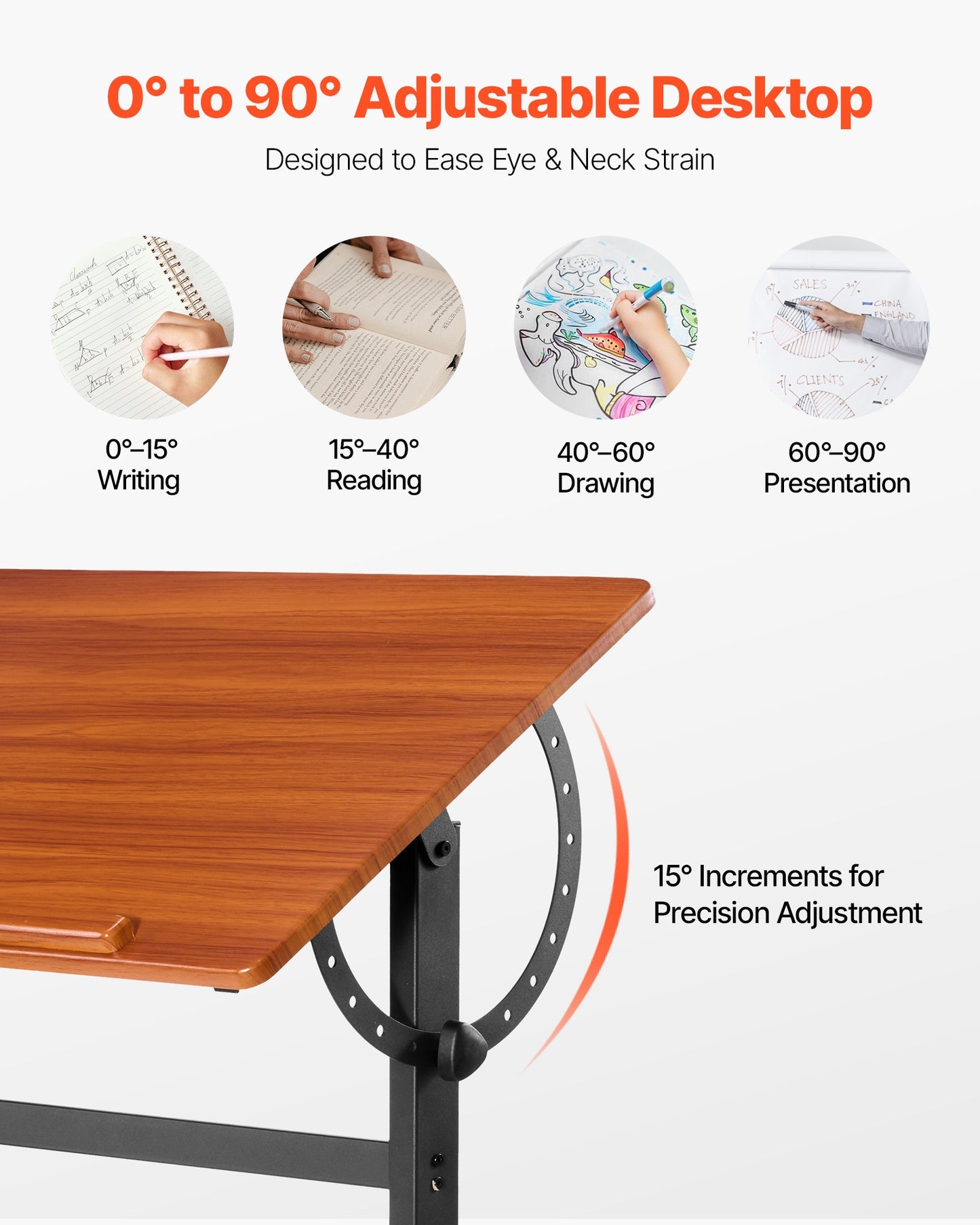 VEVOR Drafting Table Adjustable 0°–90° Tilt Wooden Drawing Desk with H-Frame