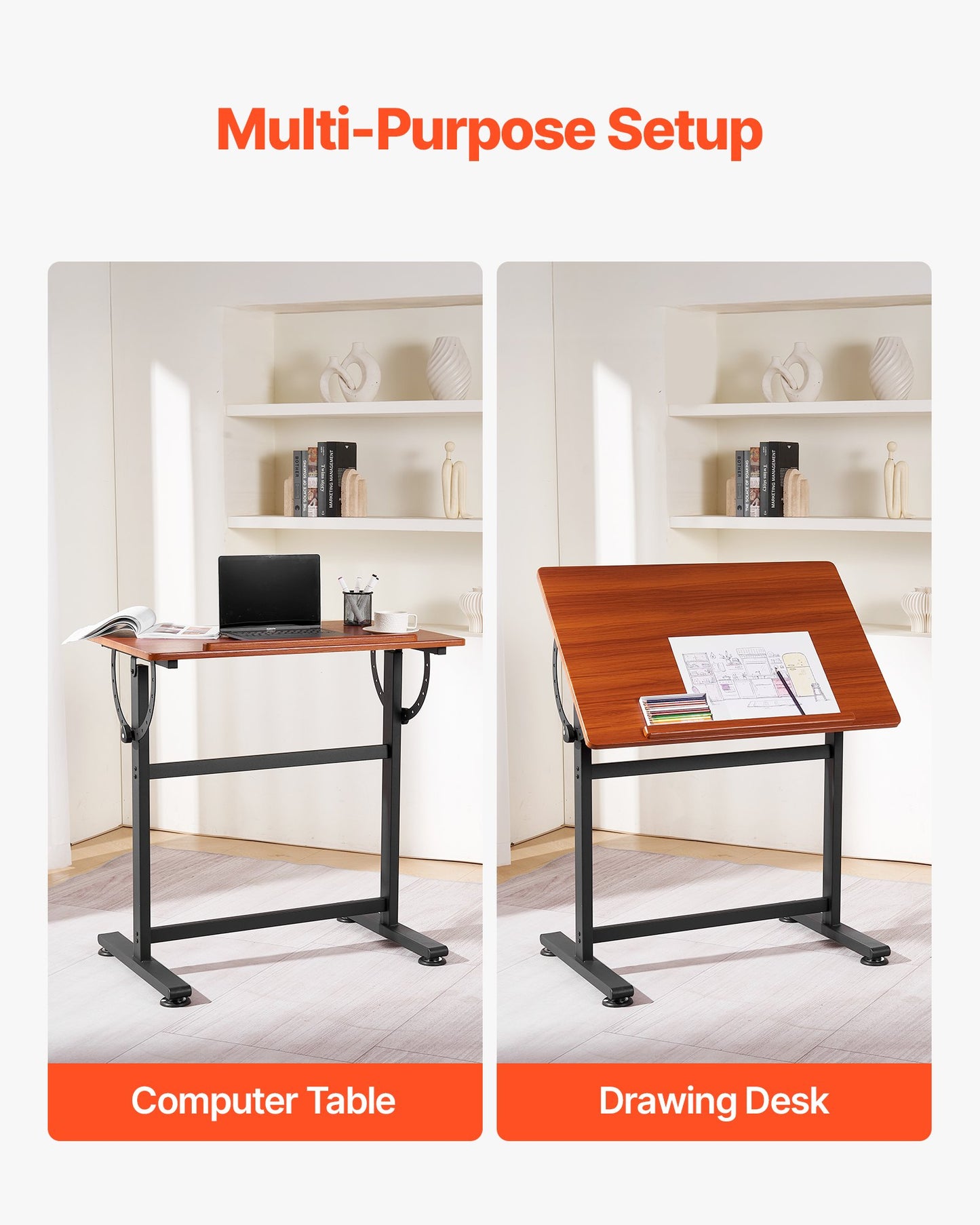 VEVOR Drafting Table Adjustable 0°–90° Tilt Wooden Drawing Desk with H-Frame