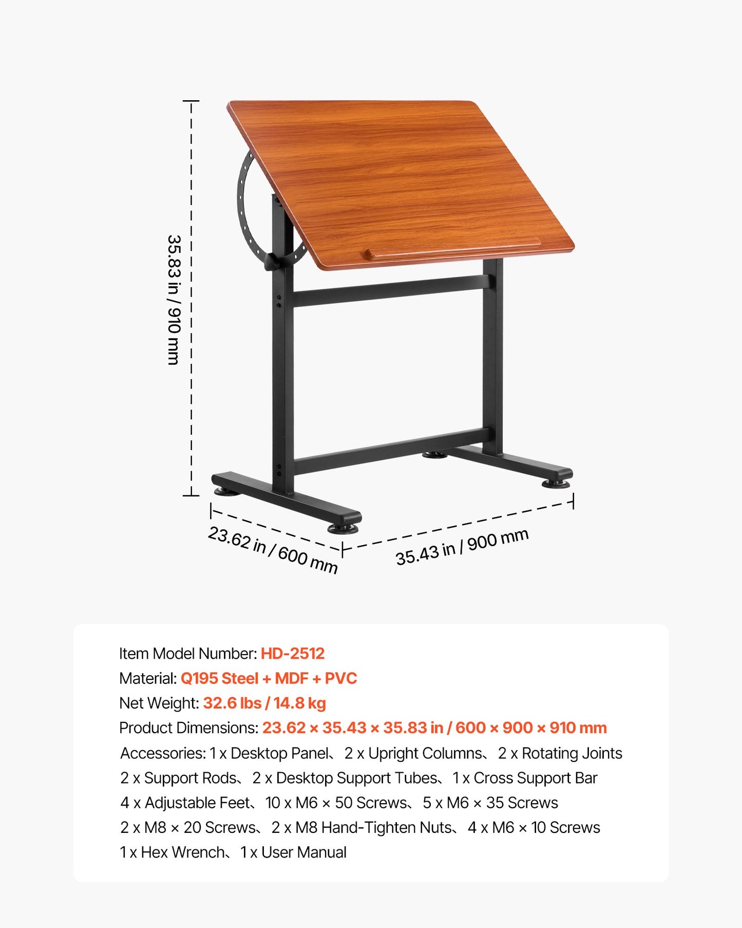 VEVOR Drafting Table Adjustable 0°–90° Tilt Wooden Drawing Desk with H-Frame