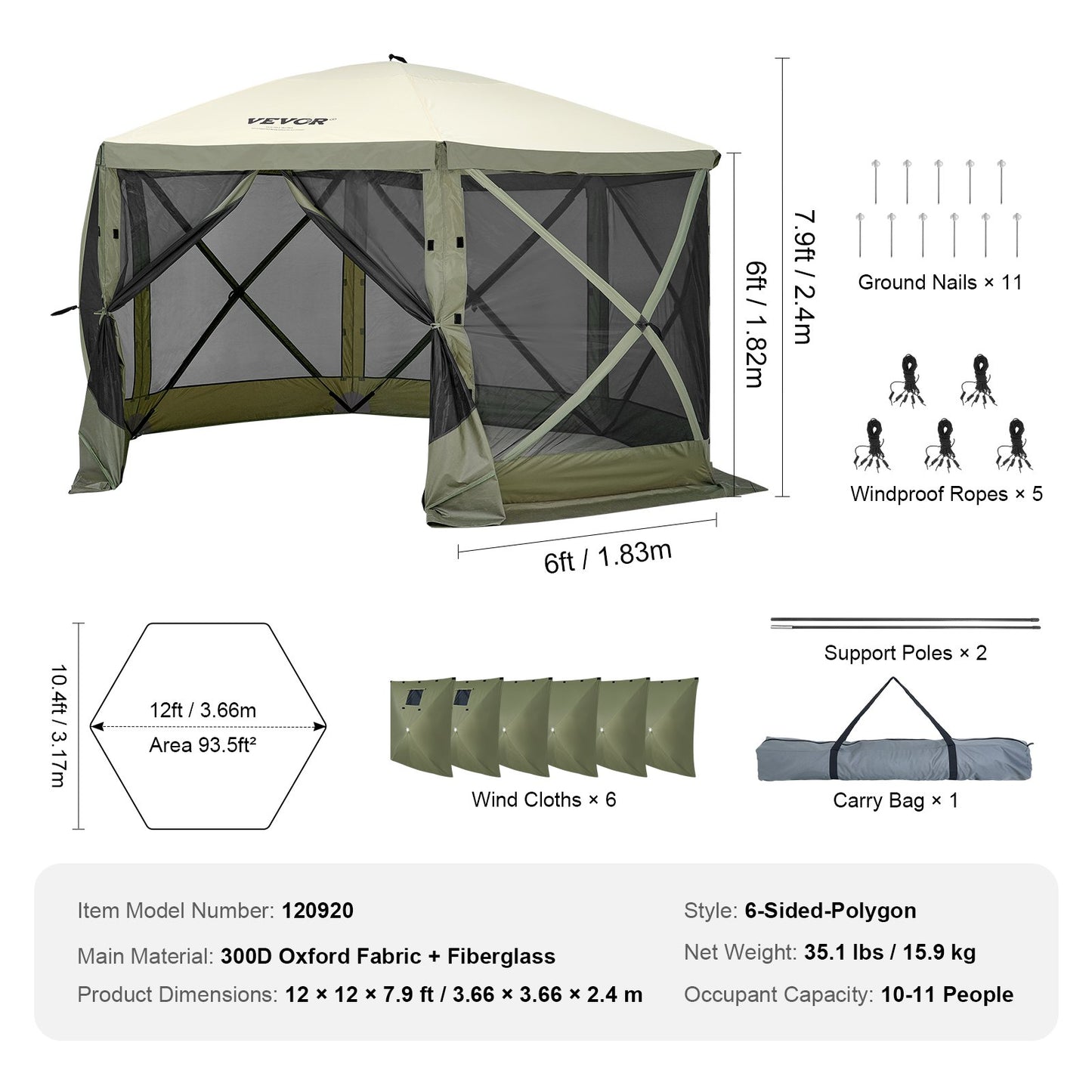 VEVOR Pop Up Gazebo Tent, Pop-Up Screen Tent 6 Sided Canopy Sun Shelter with 6 Removable Privacy Wind Cloths & Mesh Windows, 12x12FT Quick Set Screen Tent with Mosquito Netting, Army Green