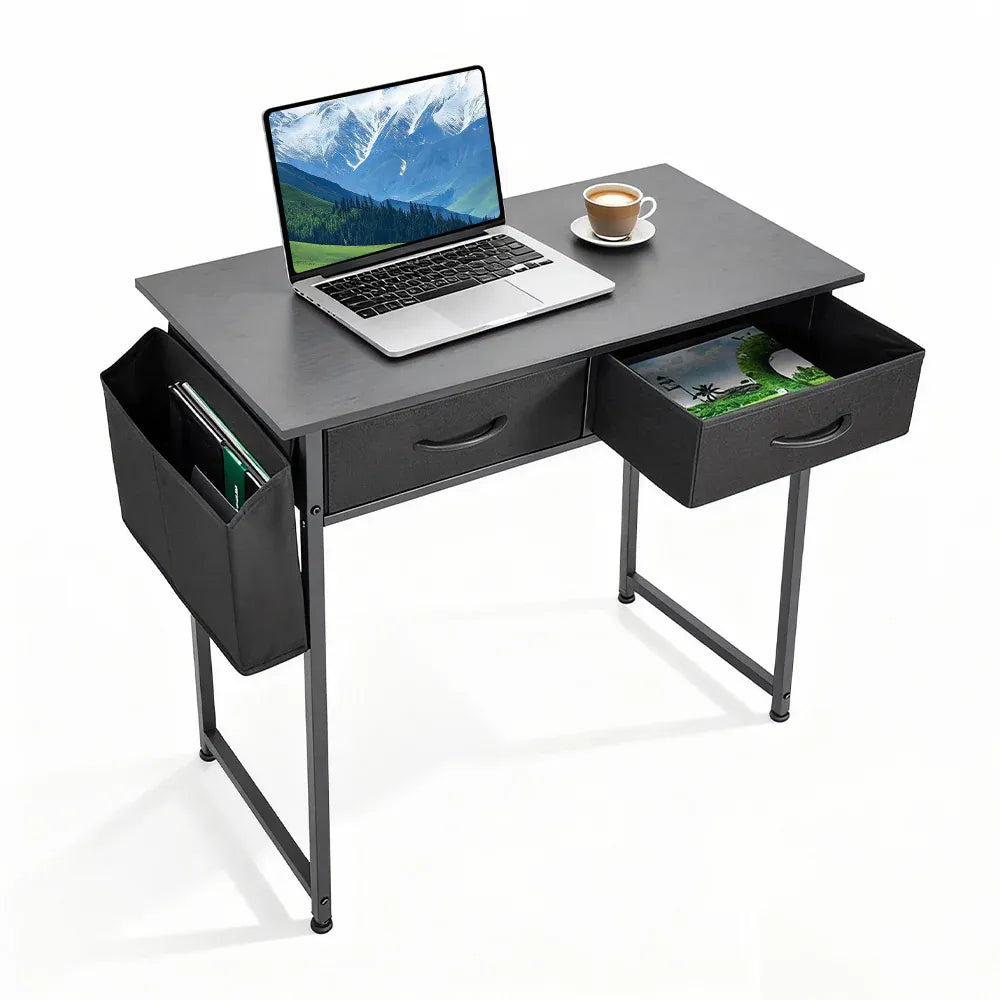 80cm Study Desk Home Office Computer Desk with 2 Fabric Drawers Side Pocket and Hook Modern Small Writing Table for Bedroom Dorm Small Spaces Black