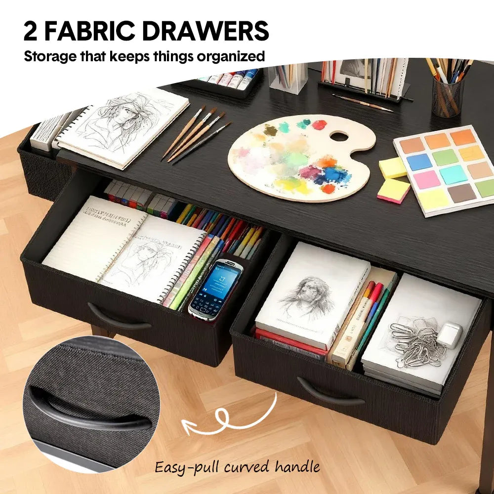 80cm Study Desk Home Office Computer Desk with 2 Fabric Drawers Side Pocket and Hook Modern Small Writing Table for Bedroom Dorm Small Spaces Black