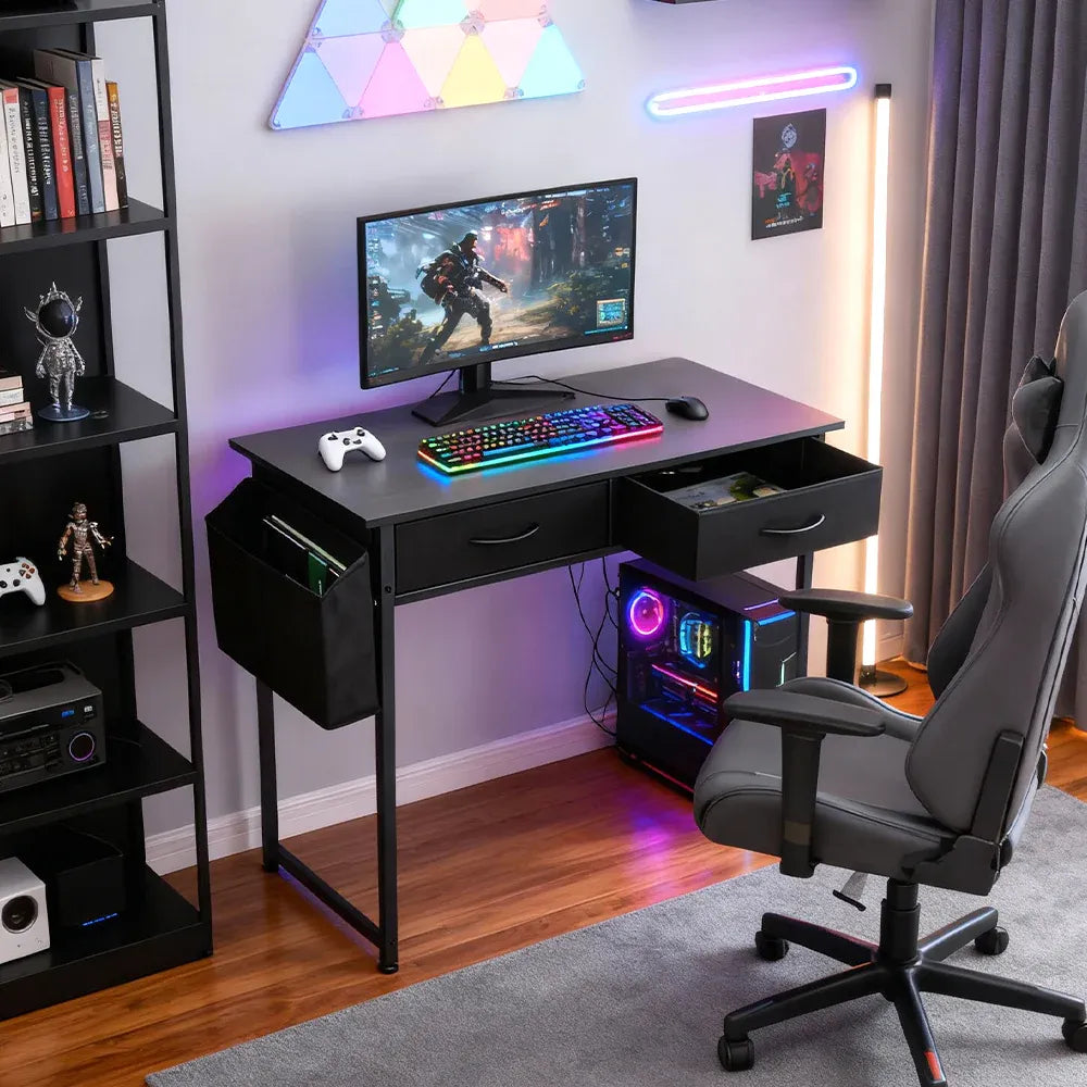80cm Study Desk Home Office Computer Desk with 2 Fabric Drawers Side Pocket and Hook Modern Small Writing Table for Bedroom Dorm Small Spaces Black
