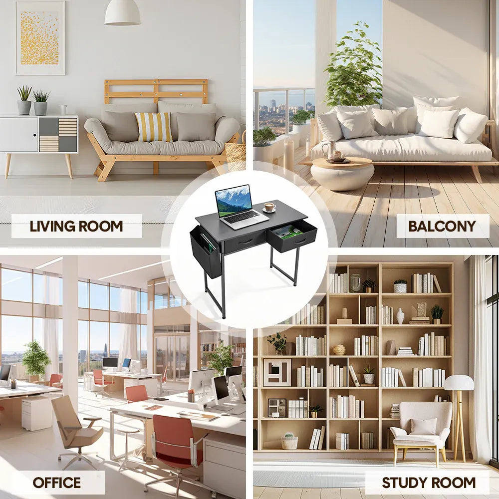 80cm Study Desk Home Office Computer Desk with 2 Fabric Drawers Side Pocket and Hook Modern Small Writing Table for Bedroom Dorm Small Spaces Black