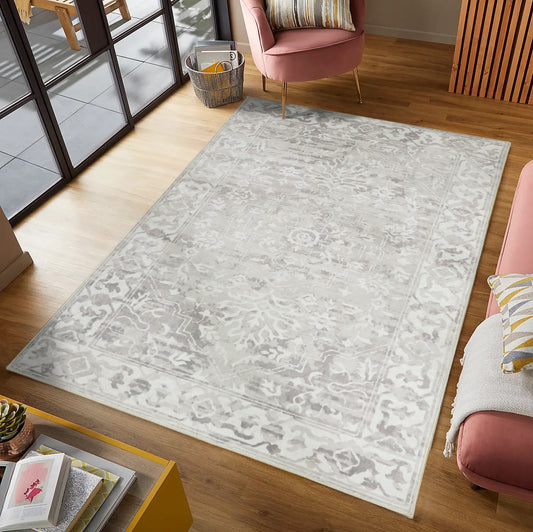 Shay Beige Traditional Distressed Machine Washable Rug