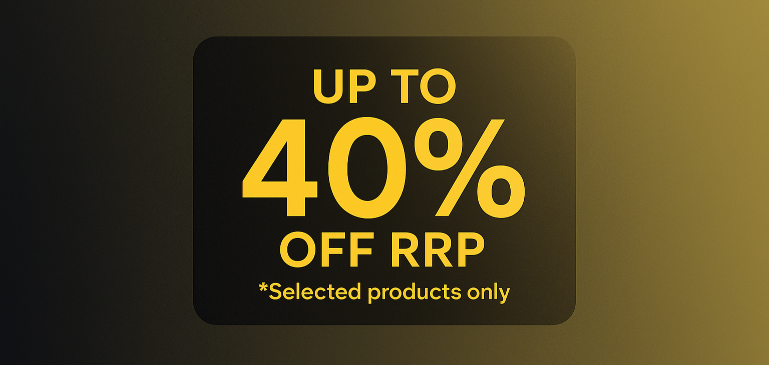 Promotional label with 'Up to 40% Off RRP' text on a gradient background