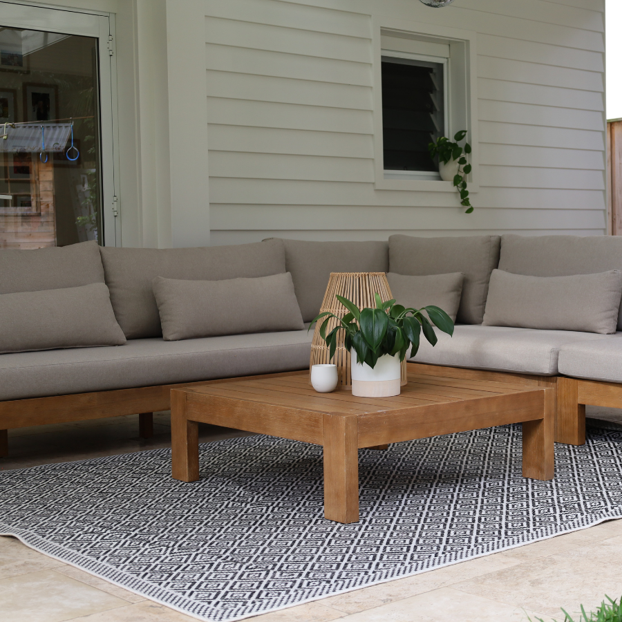 Moti Black and White Diamond Polypropylene Outdoor Rug